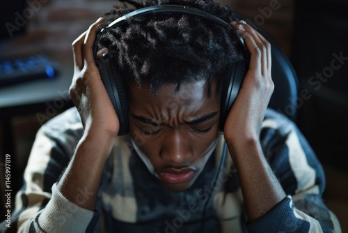 A person wearing headphones appears intensely focused and emotional, possibly absorbed in music or gaming, expressing deep concentration and engagement.
