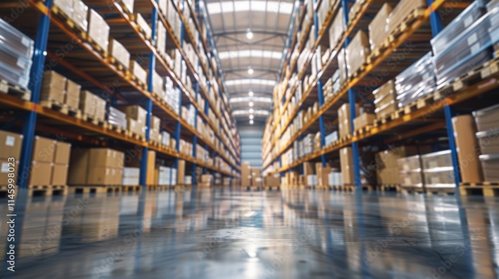 Large warehouse aisle with shelves filled with boxes Large warehouse aisle with shelves filled with boxes