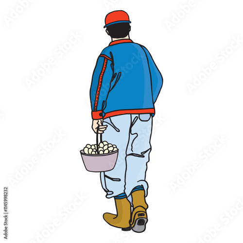 A Vector Cartoon of farmer holding a bowl of eggs