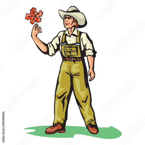 A Vector Cartoon of farmer holding a leaf vector design