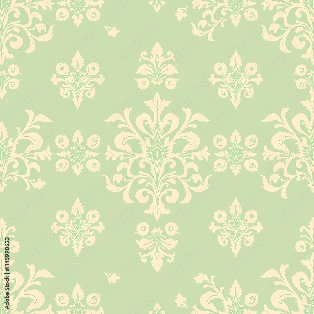 Elegant Damask Seamless Pattern: Pale Green and Cream Vintage Floral Design Elegant Damask Seamless Pattern: Pale Green and Cream Vintage Floral Design