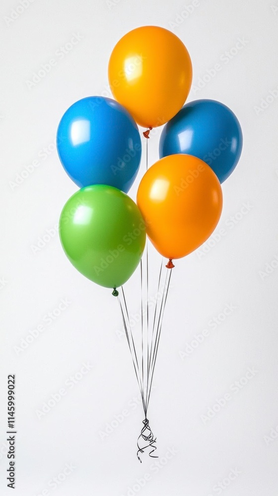 A photostock of multiple colorful helium balloons floating with thin ribbons, isolated on a clean white background, cheerful and festive, High Quality A photostock of multiple colorful helium balloons floating with thin ribbons, isolated on a clean white background, cheerful and festive, High Quality