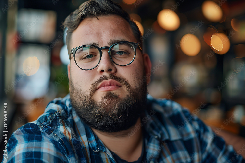 Picture of overweight smiling man sitting in cafe ai generative design Picture of overweight smiling man sitting in cafe ai generative design