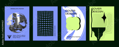 Set modernism art colorful trendy poster, artwork minimalistic and rave postmodern composition, vector simple shapes print graphic in Y2K aesthetics.