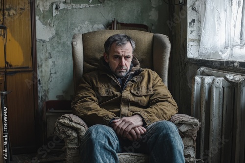 A man in a worn-out jacket sits in a dilapidated room on an aged chair, looking pensive and thoughtful with an air of solitude in a rundown space.