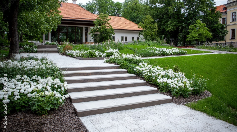 Obraz premium Wide stone steps leading through a beautifully landscaped garden with white flowers towards a house with an orange roof.