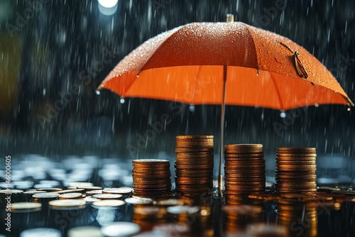 Wallpaper Mural Financial Security Under the Storm: An orange umbrella shields stacks of coins from the rain symbolizing financial protection investment security and economic stability Torontodigital.ca
