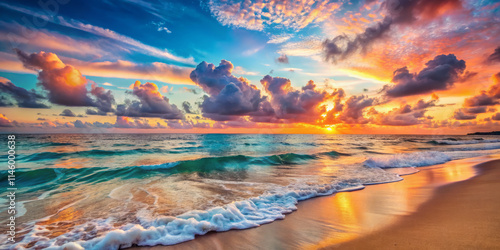 serene beach at sunset with vibrant clouds reflecting on water, creating picturesque scene. gentle waves kiss sandy shore, evoking sense of tranquility and beauty