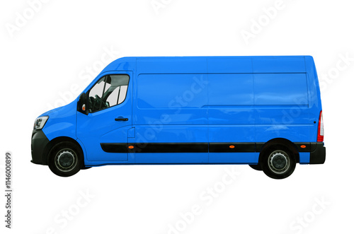 Side view of a new blue transport van car isolated on a transparent background.