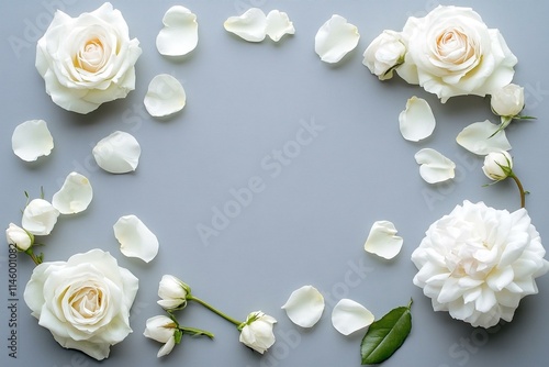 White rose flowers and petals on circle shape over grey background. Flat lay top view. Creative layout. Spring or summer banner with copy space. photo