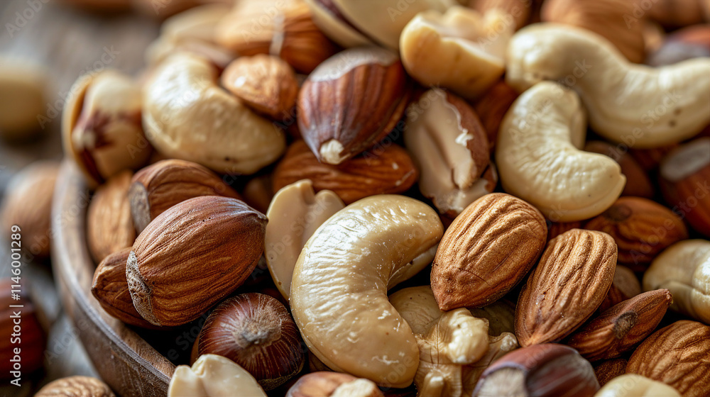 Healthy mix nuts on wooden background featuring almonds, hazelnuts, cashews, peanuts, and brazilian nuts; the perfect protein-packed snack for clean eating, vegan diets, and health-conscious lifestyle Healthy mix nuts on wooden background featuring almonds, hazelnuts, cashews, peanuts, and brazilian nuts; the perfect protein-packed snack for clean eating, vegan diets, and health-conscious lifestyle
