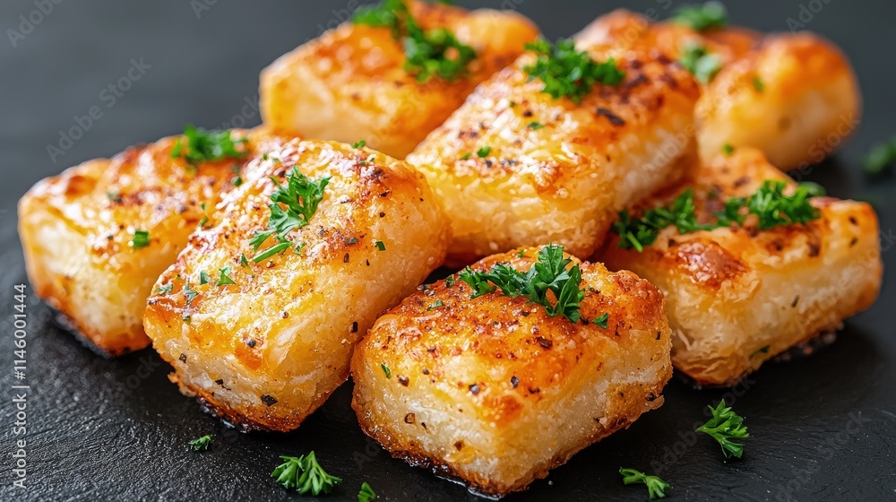 Golden-brown baked puff pastry squares, garnished with parsley. Golden-brown baked puff pastry squares, garnished with parsley.