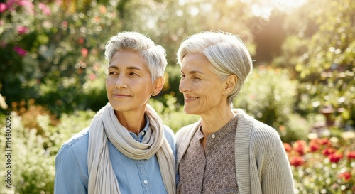 Mature caucasian women enjoying a sunny day in a lush garden setting