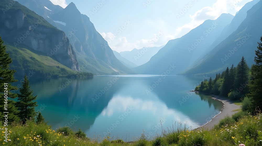Serene Mountain Lake with Vibrant Flowers, Generative AI Serene Mountain Lake with Vibrant Flowers, Generative AI