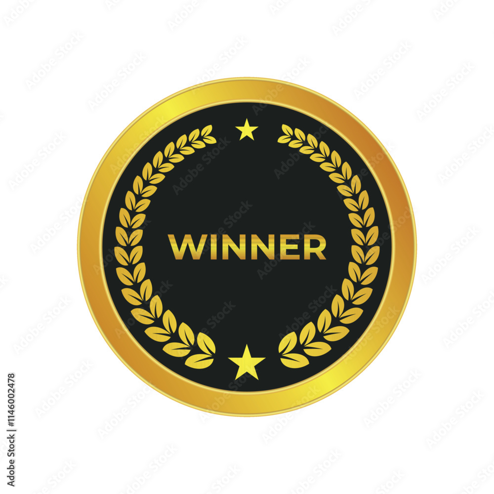 Gold and black winner badge with laurel wreath and stars. Perfect for awards, competitions, and recognition certificates. Ideal for branding or honoring achievements with a premium design. Gold and black winner badge with laurel wreath and stars. Perfect for awards, competitions, and recognition certificates. Ideal for branding or honoring achievements with a premium design.