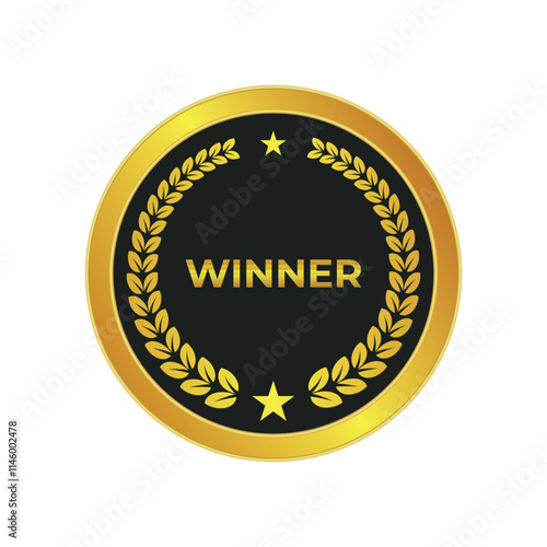 Gold and black winner badge with laurel wreath and stars. Perfect for awards, competitions, and recognition certificates. Ideal for branding or honoring achievements with a premium design.