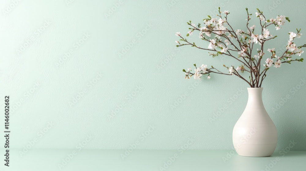 White vase with blooming branches against a pastel green wall. White vase with blooming branches against a pastel green wall.