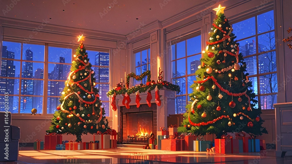 Fototapeta premium Modern Christmas Scene with Sunset Cityscape, Tree & Festive Interior V3