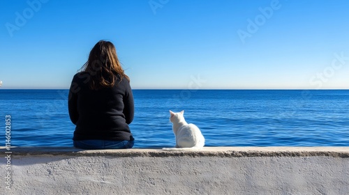 A woman on the edge of an pier, facing away from the camera and looking out a...
