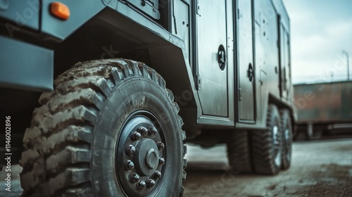 Closeup of a Robust Military Truck Tire with  Muddy Tread and Armored Body