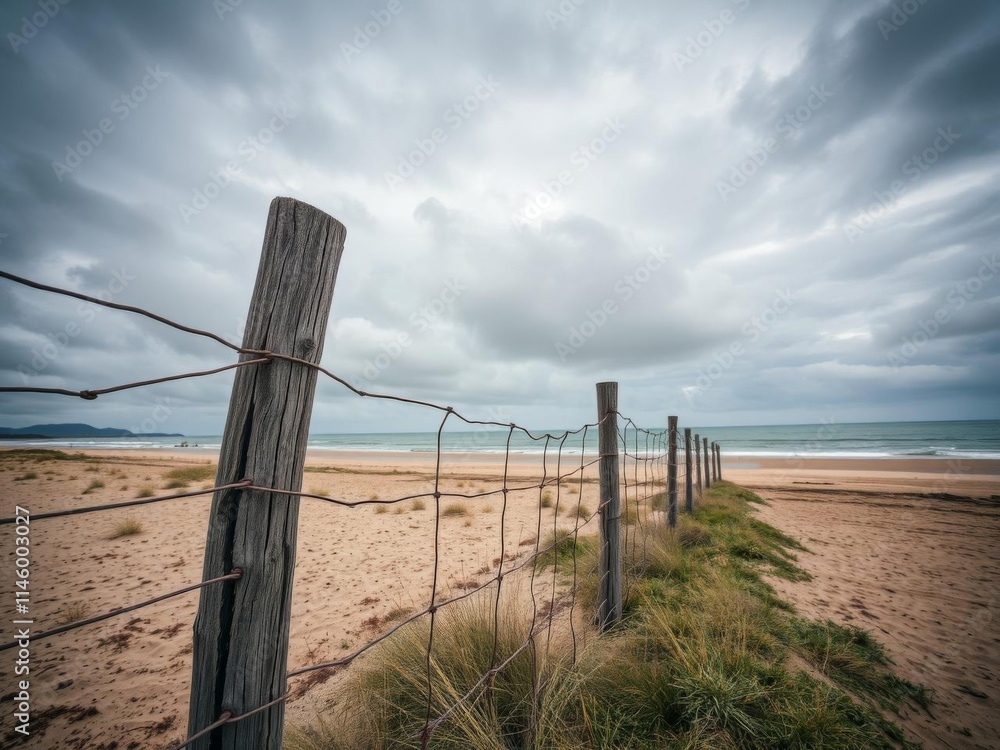 Old weathered wooden fishing fence stands tall against a moody dramatic sky on a deserted beach, vintage, atmosphere, rugged