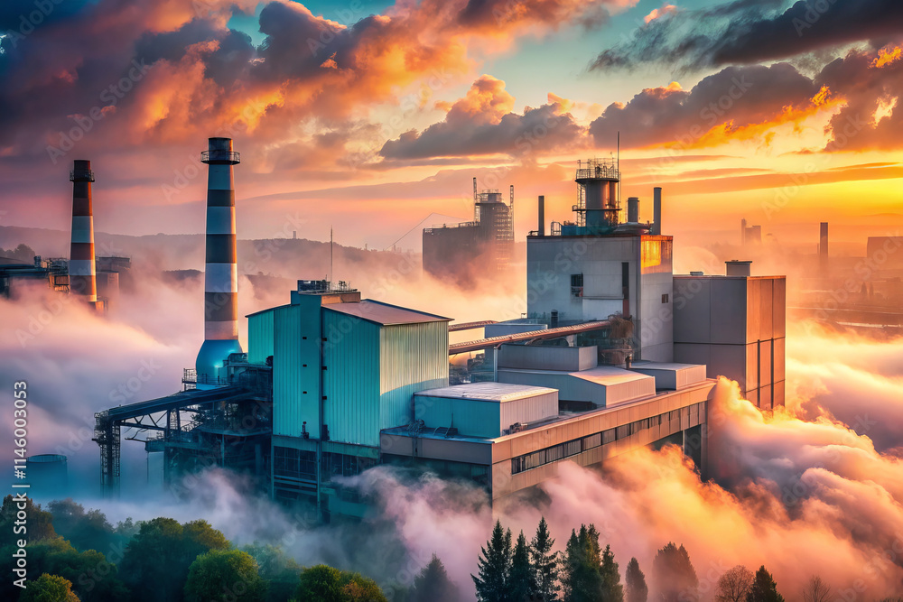 Fototapeta premium stunning industrial landscape showcases factory surrounded by fog, with smokestacks rising against vibrant sunset. scene captures beauty of industry and nature