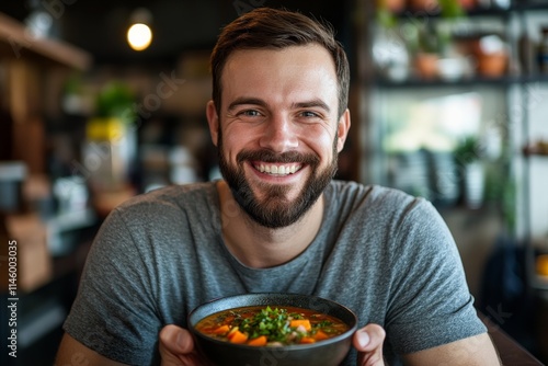 A bearded man in a gray shirt smiling warmly while holding a bowl of vibrant soup, captured in a cozy and inviting cafe setting, showcasing a moment of contentment. photo