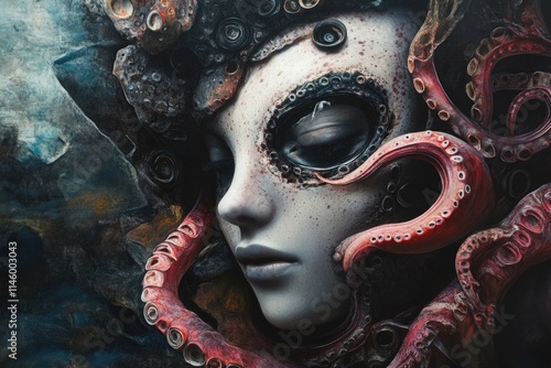 A close-up shot of a woman wearing an octopus-themed mask, featuring tentacle details