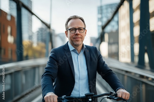 A man in a dark suit confidently rides a bicycle across a city bridge, symbolizing sustainable commuting and balance between work and personal health in urban life.