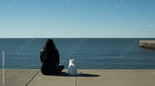 A woman on the edge of an pier, facing away from the camera and looking out a...