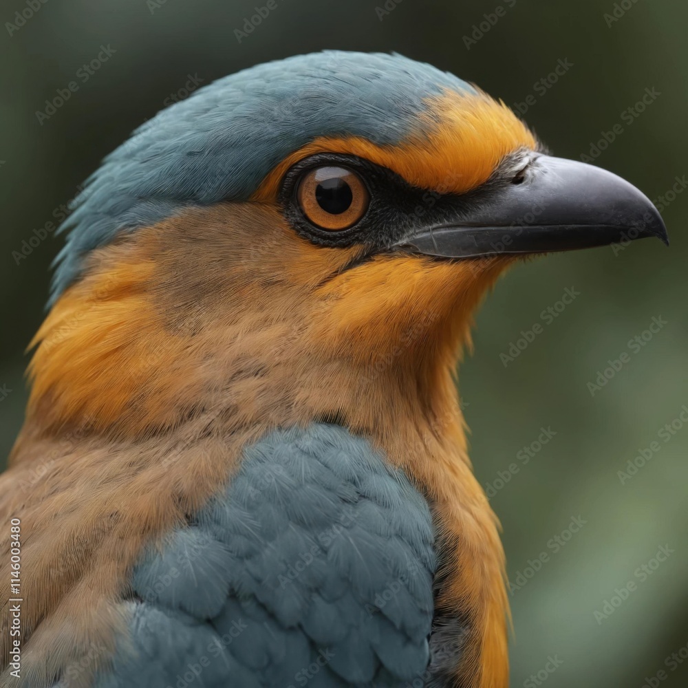 Fototapeta premium Stunning Bird Portrait: Blue-Green and Yellow-Orange Plumage with Blurred Background