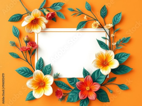 Orange background with a paper floral frame featuring a variety of colorful flowers and leaves, perfect for adding a touch of nature to your designs, invitation, floral, flowers photo