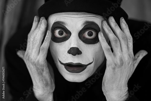 A mime artist with distinct black-and-white makeup exhibits a classic surprised expression, hands framing their face, in a stylized theatrical black background. photo