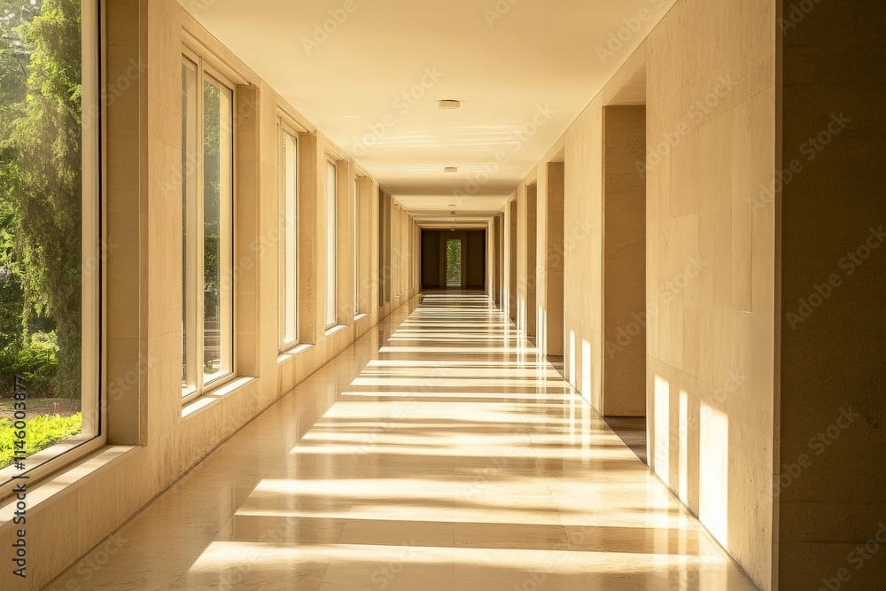 Obraz premium An elegant corridor featuring luxurious marble floors that are drenched in sunlight streaming through expansive windows, creating warmth and sophistication.