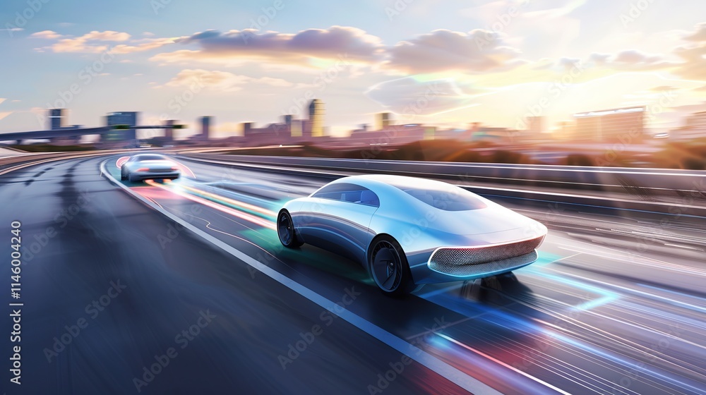 Sleek modern car seamlessly merging with another on futuristic highway, symbolizing technological integration and innovation in automotive design and transportation advancements. Sleek modern car seamlessly merging with another on futuristic highway, symbolizing technological integration and innovation in automotive design and transportation advancements.