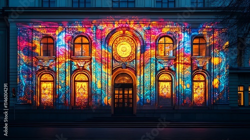 Building facade illuminated with vibrant colorful projections