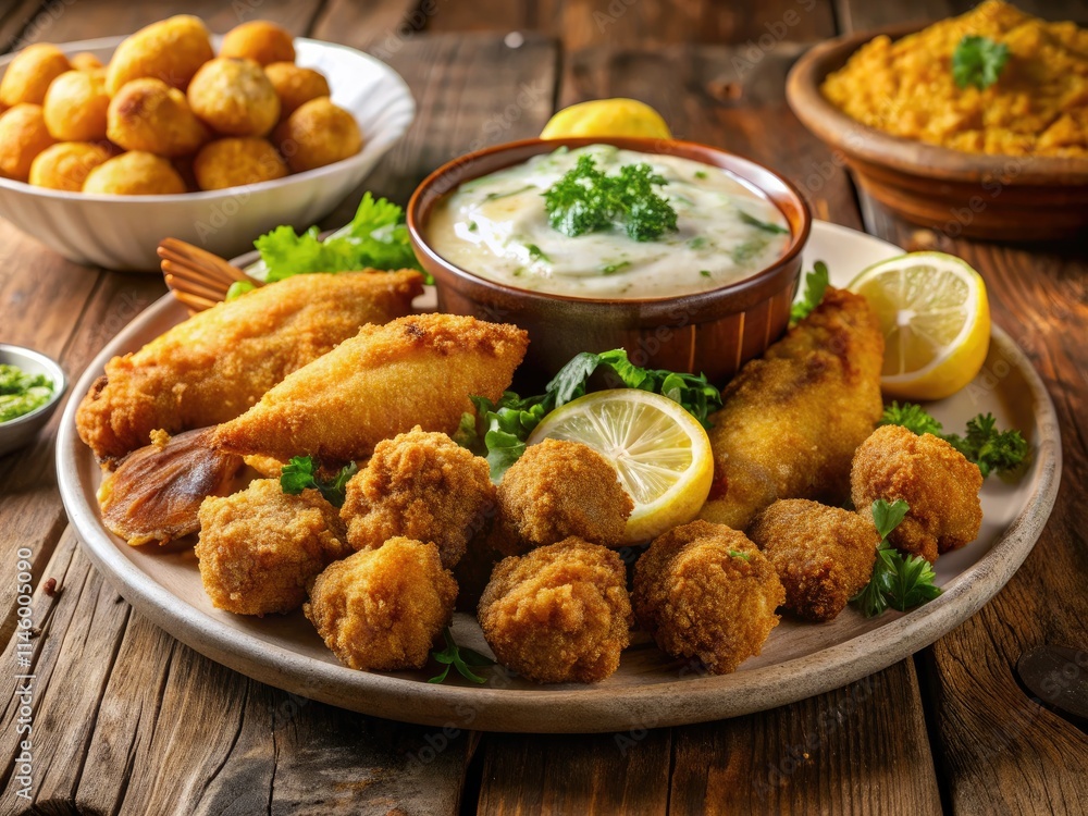 Crispy fried catfish, hushpuppies, and creamy tartar sauce: a panoramic Southern feast. Crispy fried catfish, hushpuppies, and creamy tartar sauce: a panoramic Southern feast.