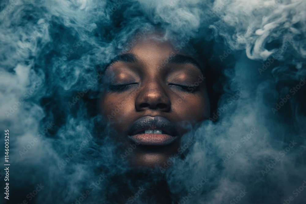 A peaceful woman with closed eyes stands amidst deep blue smoke, creating an ethereal and mystical atmosphere that evokes introspection and serene contemplation. A peaceful woman with closed eyes stands amidst deep blue smoke, creating an ethereal and mystical atmosphere that evokes introspection and serene contemplation.