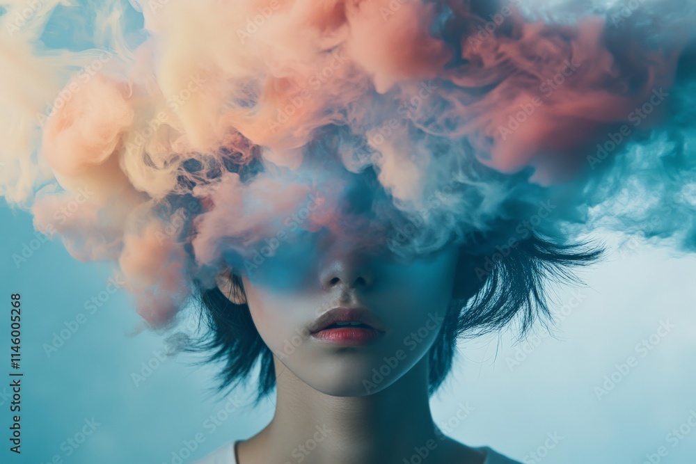 A person with closed eyes stands amidst vivid, multicolored swirling clouds, creating a surreal and dreamy scene that represents creativity and inner reflection. A person with closed eyes stands amidst vivid, multicolored swirling clouds, creating a surreal and dreamy scene that represents creativity and inner reflection.
