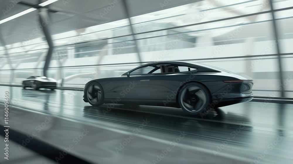 Obraz premium Sleek modern car seamlessly merging with another on futuristic highway, symbolizing technological integration and innovation in automotive design and transportation advancements.