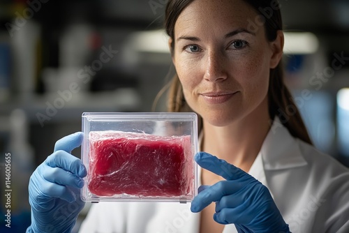 A scientist, in a white lab coat and blue gloves, proudly presents a cultured meat sample in a lab, showcasing advancements in sustainable food technology. photo