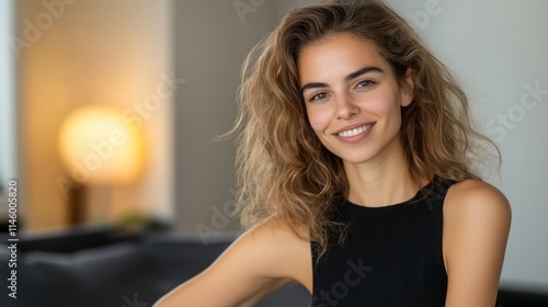 Brunette woman in black top posing near blurred wall at home