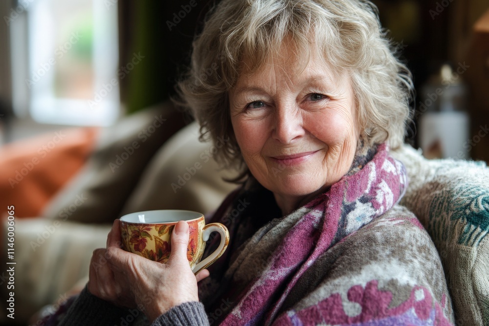 A senior lady holding a floral teacup, sitting comfortably at home with a smile, epitomizing warmth, comfort, and the simple joys of domestic life. A senior lady holding a floral teacup, sitting comfortably at home with a smile, epitomizing warmth, comfort, and the simple joys of domestic life.