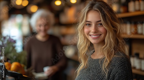 Smiling woman in cozy cafe setting with warm lighting and aromatic ambiance