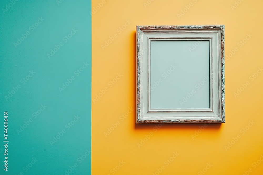 Empty silver frame on blue and yellow background Empty silver frame on blue and yellow background