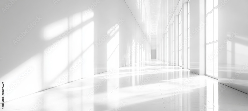 Fototapeta premium A long, empty hallway with white walls and floors