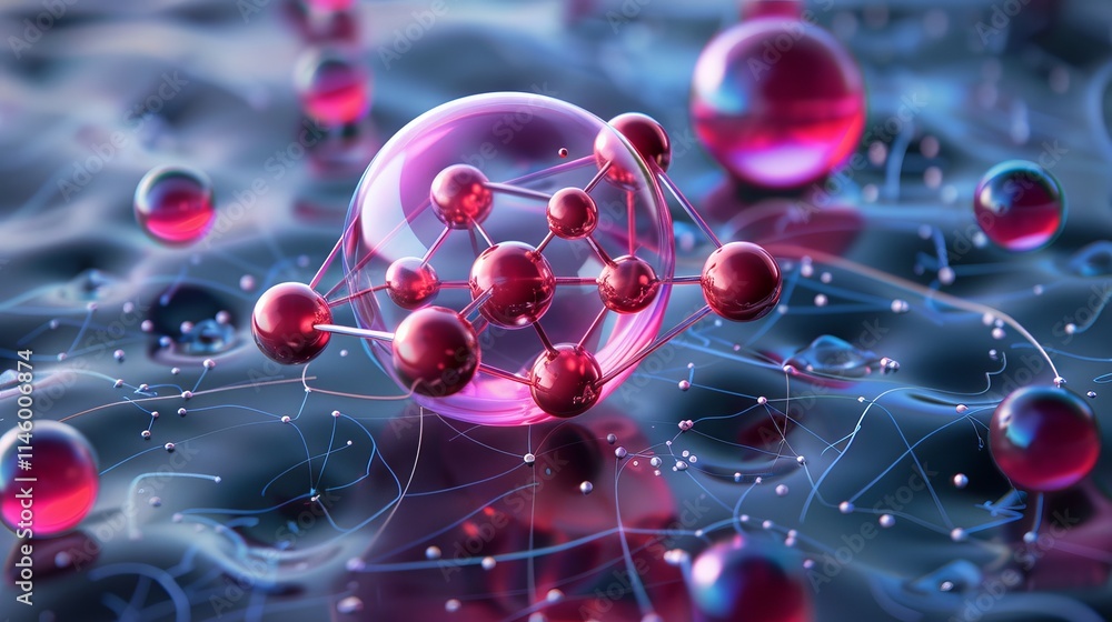 3D illustration of a futuristic science background featuring a detailed molecule and atom model with interconnected structures, representing scientific research and innovation.