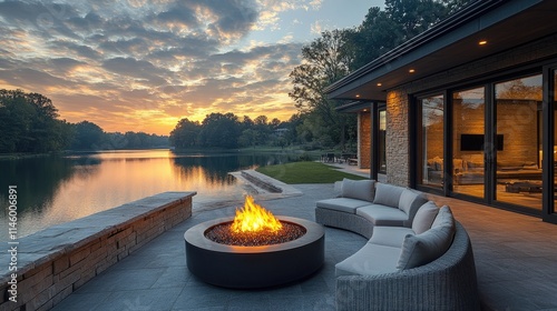 A cozy outdoor fire pit situated next to a serene lake, perfect for relaxation or social gatherings photo