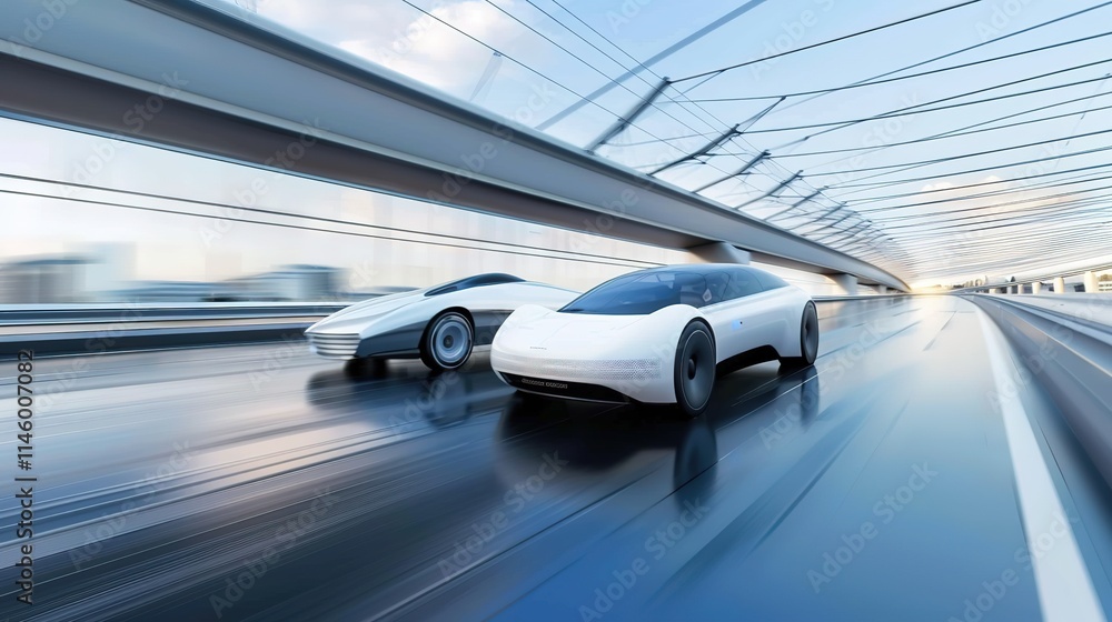Sleek modern car seamlessly merging with another on futuristic highway, symbolizing technological integration and innovation in automotive design and transportation advancements.