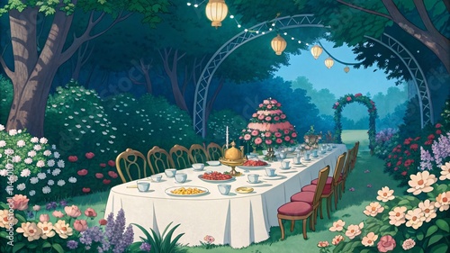 Victorian Garden Party at Twilight, Elegant Outdoor Dining Scene V3